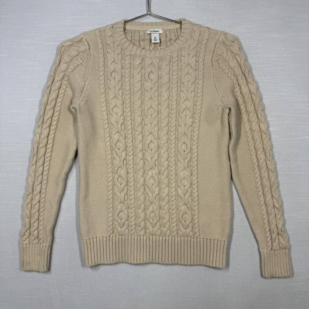 LL Bean Sweater Womens XS Beige Fisherman Cable Chunky Collar Boxy‎